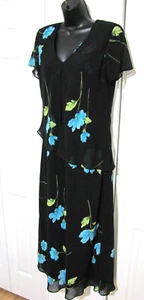 VTG Studio I Bias-cut faux-2piece-jacket Dress Midi Blue-Floral-on-Black Wm 8 - Picture 1 of 13