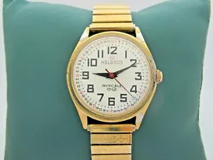 VINTAGE HELBROS INVINCIBLE MANUAL WIND GOLD PLATED WATCH WITH STRETCH BAND - Picture 1 of 8