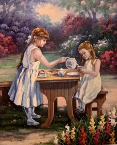 Artistic Impressions Canvas Oil Painting Girls Tea Party By Hamilton 25 X 21 - Picture 1 of 4