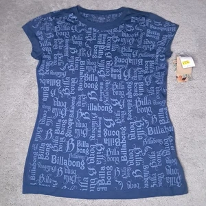 Vintage Y2K Billabong T-shirt Girls Small Blue AOP Spellout Logo Slim 2010s - Picture 1 of 6