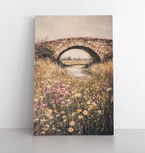 Impresión de pintura de puente de piedra de prado de flores silvestres sobre lienzo enmarcado arte de pared rústico - Imagen 1 de 15