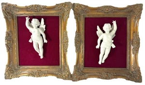 Vintage Syroco Kunst Cherub Wandtafeln Paar gold verzierte Rahmen roter Samt 12x10 - Bild 1 von 7