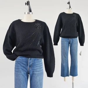 Vintage 80s Black Puff Sleeve Floral Sequin Beaded Wool Blend Knit Sweater M - Picture 1 of 9