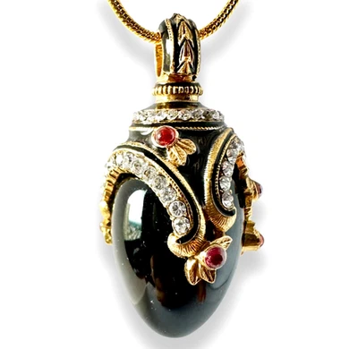 Sterling Black Onyx Faberge Egg Pendant Swarovski Crystals Garnets Enamel Gold - Image 1 of 4