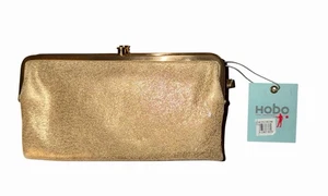 Hobo The Original Lauren Metallic Gold Leather Clutch Kiss Lock Bag Double Frame - Picture 1 of 8