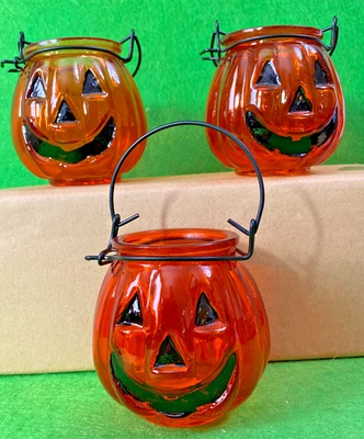 Linterna de vidrio de Halloween calabaza Jack-o-Lantern luz de té vela soporte votivo Foto 1 de 4