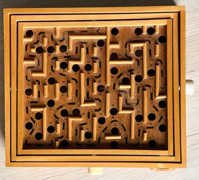 Labyrinth aus Holz mit Stahlkugeln, Geschicklichkeitsspiel, Vintage - Bild 1 von 4
