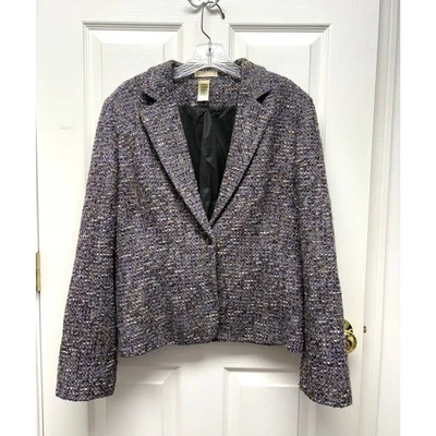 Blazer corto vintage de tweed de lana LIZ azul marrón tejido forrado para mujer talla 10 Foto 1 de 4