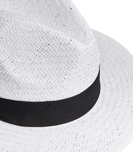 White Straw Panama Hat Fedora Mid Size Brim Navy Blue Band Unisex Mens Womens - Picture 1 of 3