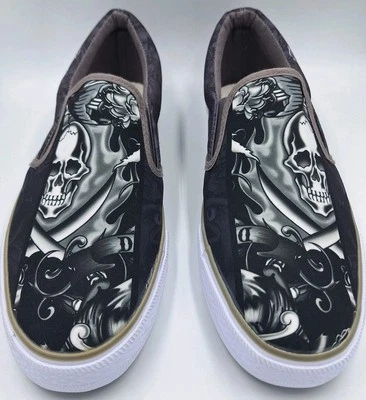 Ed Hardy 男式 11 码一脚蹬头骨黑色/白色运动鞋 — 第 1/4 张图片