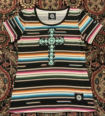 Double D Ranch Serape Stripe Jeweled Beaded Cross Top M Multicolor - Image 1 of 4