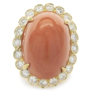 Van Cleef & Arpels 18k Yellow Gold Vintage Coral Cabochon and Diamond Ring - Picture 1 of 4