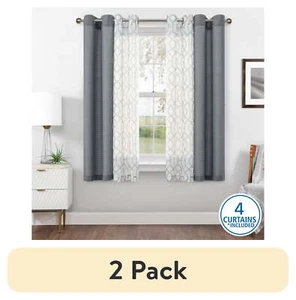 (2 pack) Mainstays Kingswood Solid and Printed Sheer Grommet Curtain Panel Set - Picture 1 of 5