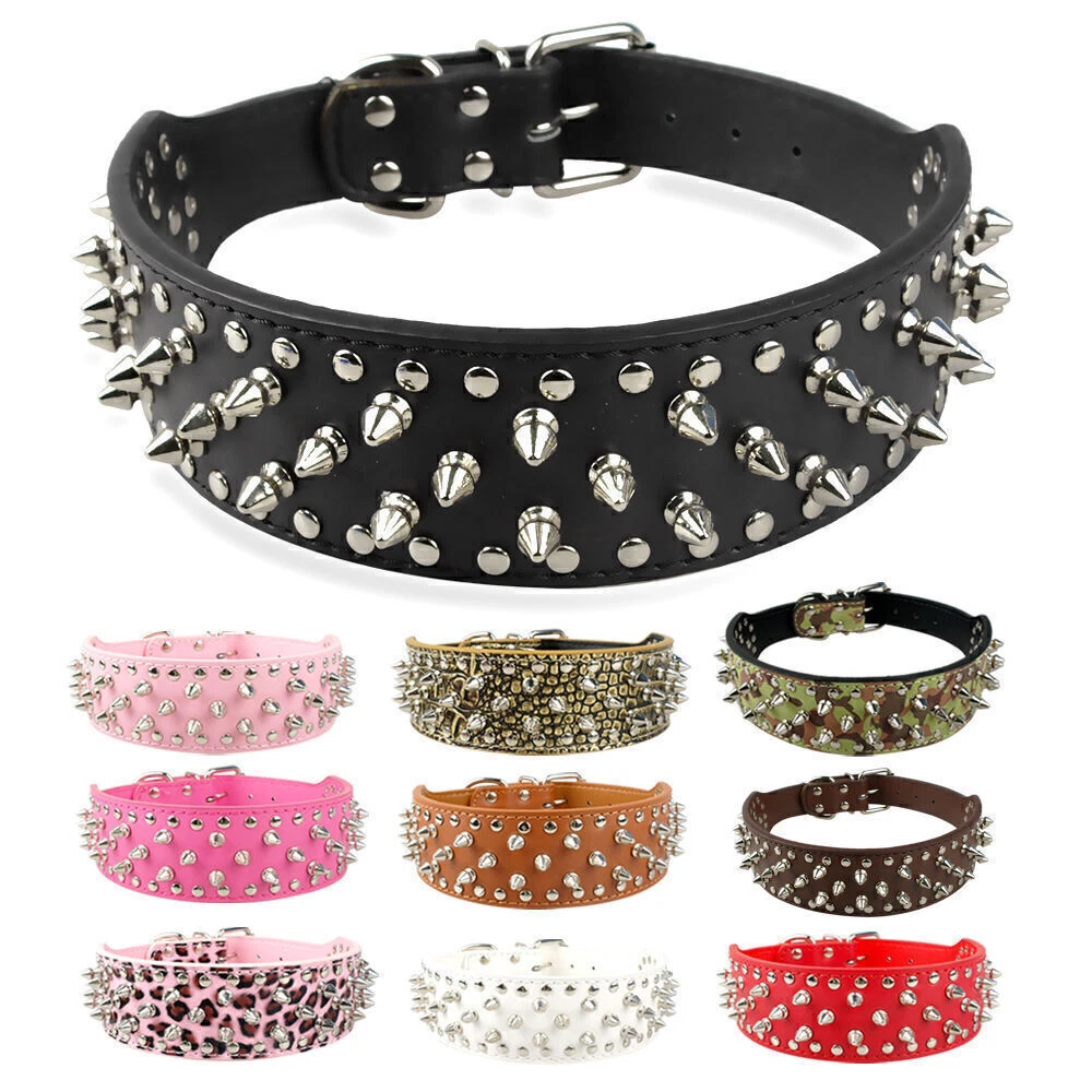 HOOT Hundehalsband Aus Kunstleder – Verstellbar, 5,1 Cm Breit, Mit Nieten, Größe L (53–61 Cm), Schwarz