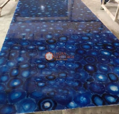 Blue Agate Rectangle Stone Conference Counter Table Top Dining Table Home Decors - Image 1 of 2