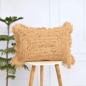 Natural Jute Throw Pillow Cover with Fringe, Boho Farmhouse throw Cushion cover - Picture 1 of 11