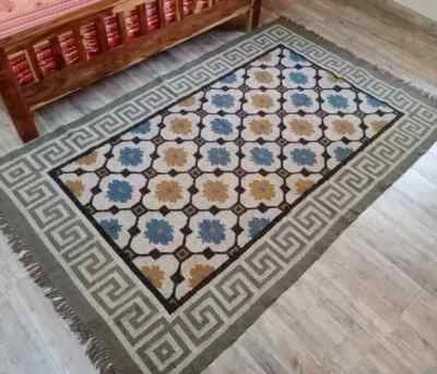 手工花卉边缘地毯复古羊毛客厅地毯纳瓦霍小地毯 — 第 1/4 张图片