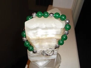 Pulsera con cuentas de plata tibetana hecha a mano de 8 3/4" 10 mm verde jade para hombre - Imagen 1 de 9