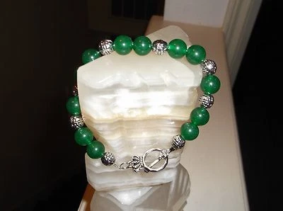 Мужской браслет ручной работы 8 3/4 дюйма 10 мм зеленый нефрит тибетское серебро бисер  - Изображение 1 из 4