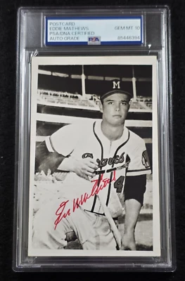EDDIE MATHEWS Signed Real Photo Postcard-HOF-MILWAUKEE BRAVES-PSA 10 Auto - Image 1 of 4