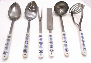 Vtg 6 pc Set ACE Stainless Kitchen Utensils Mid-Century USA Blue Hex Pattern - Picture 1 of 8