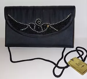Vintage Magid Evening Bag Clutch Crossbody Purse Bag Black Beaded & Rhinestones - Picture 1 of 8