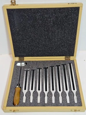 JUEGO 8 Tenedores de Afinación Música Violín Piano Audición Vibración Sonido Caja de Madera Foto 1 de 4