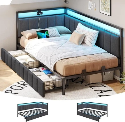 Twin Size Daybed Corner Bed Frame with Led Lights,Charging Station,2 Drawers - Image 1 of 4