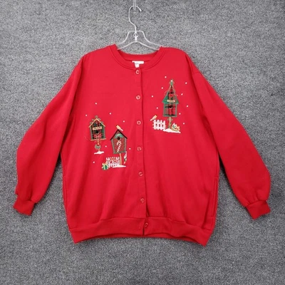 ВИНТАЖНЫЙ BonWorth кардиган женщин L большой красный кнопка толстовка флис Рождество - Изображение 1 из 4