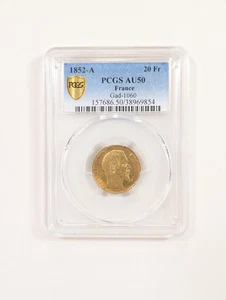1852-A Frankreich Gold 20 Francs PCGS AU50 Napoleon ~ nackter Kopf 🪙 Gad-1060 - Bild 1 von 6