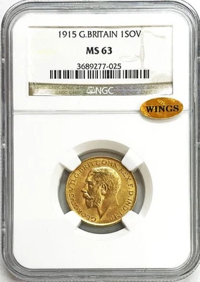 1915 GOLD GREAT BRITAIN 1 SOVEREIGN KING GEORGE V COIN NGC MINT STATE 63 WINGS - Image 1 of 2