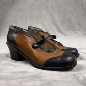 Giraudon Shoes Womens Size 39 Brown Black Leather Mary Jane Heels Made Portugal - Picture 1 of 13