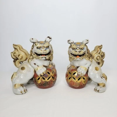 Estatuetas vintage chinesas pintadas à mão com comida de cães templo leão - Imagem 1 de 4