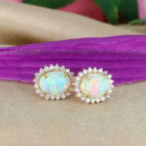 2Ct Oval Fire Opal Lab Created Women's Halo Stud Earrings 14K Yellow Gold Plated - Picture 1 of 7