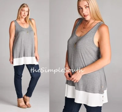 Nueva camiseta sin mangas larga EMERALD Hthr gris/blanco con dobladillo con botones 2X Foto 1 de 4