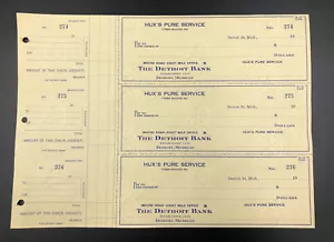 1960's Hux's PURE Service Station OIL Gas Detroit UNUSED 3 checks Indian image - Picture 1 of 3