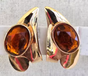 Vintage Amber Rhinestone Atomic 3 D Gold Tone Clip Earrings 1-11/16" Pat 3159894 - Picture 1 of 11