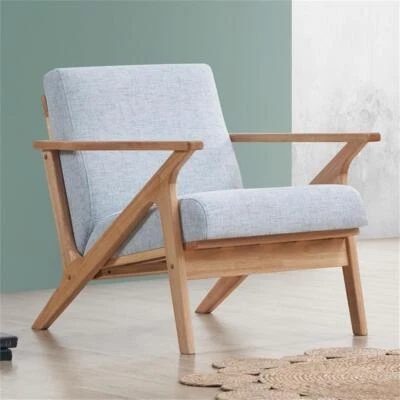 Omax Decor Zola Solid Wood and Fabric Accent Armchair in Oak and Light Blue - Image 1 of 4
