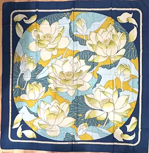 VTG HERMES FLEURS DE LOTUS 140 Cashmere Silk Shawl Scarf Stole Navy blue #y4964 - Picture 1 of 12