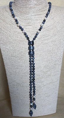 Collana lunga in ossidiana fiocco di neve e perle di fiume bianche - Immagine 1 di 2