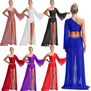 Womens Dress Modern Skirt Party Dancewear One Shoulder Dancing Rhinestones Mesh - Picture 1 of 92