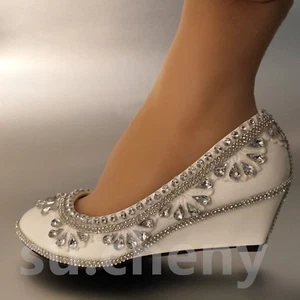 su.cheny Ivory white lace flower pearls ankle Wedding Bridal flats shoes 5-13 - Picture 1 of 7