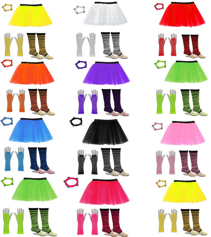A-EXPRESS 1980er SCHICKKLEID HENNE PARTY KOSTÜM SET NEON UV FLO TUTU ROCK BEINWÄRMER HANDSCHUHE