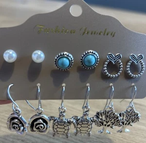 6 Pairs Faux Silver & Turquoise Earrings Lot ~Tree of Life, Turtles, Roses, etc. - Picture 1 of 6