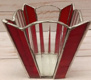 Art deco stained glass Hecho en Mexico retro red and clear glass candle holder - Picture 1 of 10