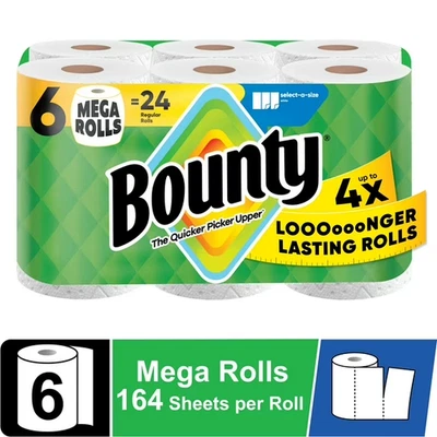 Toallas de papel Bounty Select-A-Size blancas, 6 mega rollos, 164 hojas por rollo Foto 1 de 4