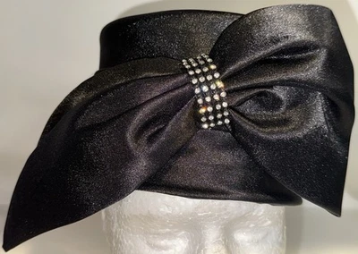 Vintage Mr Hi’s Classic Cocktail Hat Black Satin with Bow - Image 1 of 4