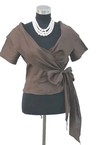 Masano  New York Suit Jacket Sz 4 Brown Linen V Neck Shawl Collar  Wrap Top XS S - Picture 1 of 10