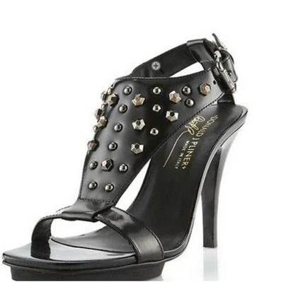 Sandalia para mujer negra Donald Pliner tacón cuero de becerro tachonado Nekita 6,5 $298 Foto 1 de 4
