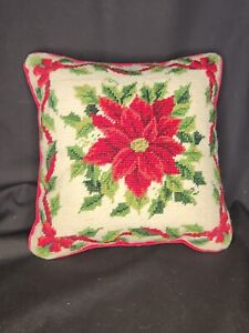 Vintage Christmas Needlepoint Poinsettia 11 x 11" Pillow Red Velvet Back